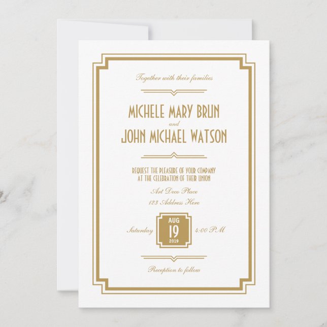 Art Deco Gold White Back Text Wedding Invitation (Front)