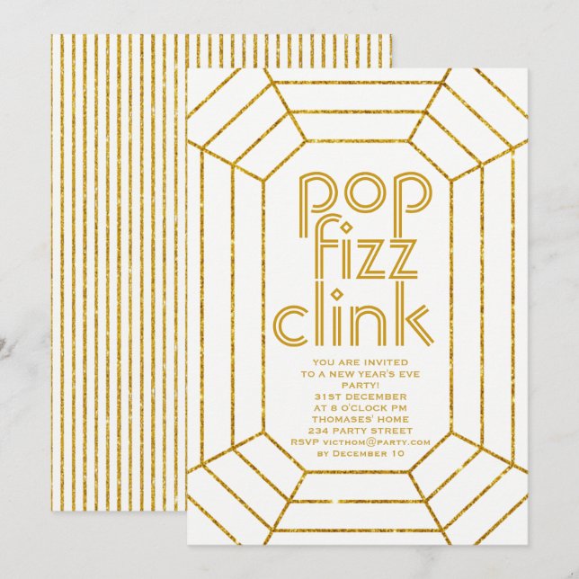 Art Deco gold white pop fizz clink New Year party Invitation (Front/Back)