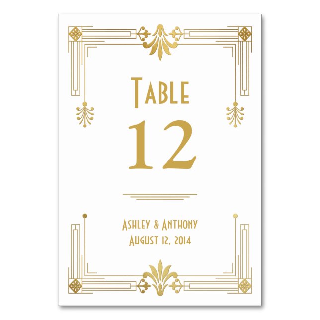 Art Deco Gold White Roaring 20s Wedding Table Number (Front)