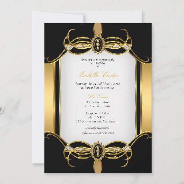Art Deco Golden Black White Pearl Birthday Party Invitation (Front)