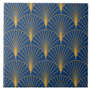 Art Deco Golden Geometric Fans on Navy Blue Tile