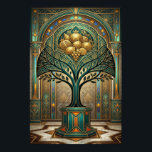 Art Deco Golden Harvest Fruit Tree Gold Teal Poste Poster<br><div class="desc">Celebrate abundance and luxury with this exquisite Art Deco illustration. This piece features a stylized tree silhouette bearing a magnificent harvest of golden geometric fruits, including pomegranates, citrus, and grapes. The tree is perfectly centred within a grand architectural archway, showcasing intricate teal patterns and marble floor detailing. With its rich...</div>