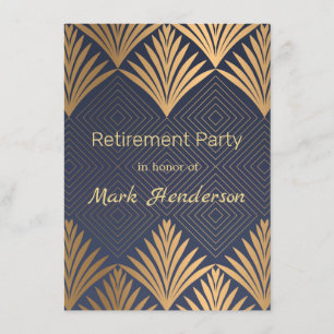 Art deco golden leaves on blue Retirement Party Invitation