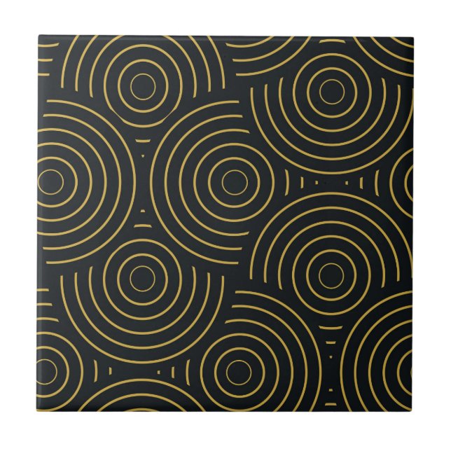 Art Deco Golden Overlapping Circles on Black  Tile (Front)