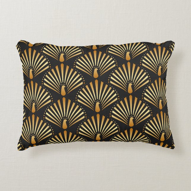 Art deco golden peacock pattern accent pillow (Front)