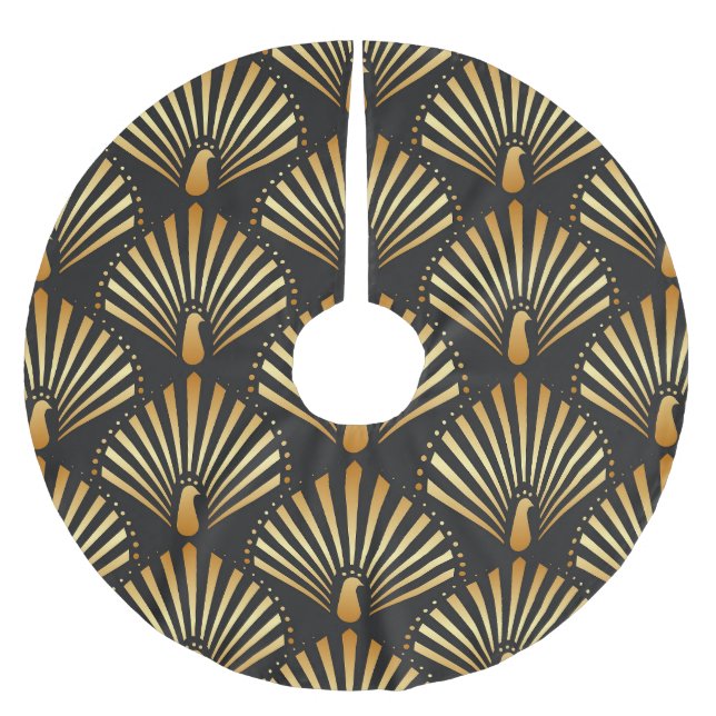 Art deco golden peacock pattern brushed polyester tree skirt (Front)