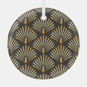 Art deco golden peacock pattern glass ornament