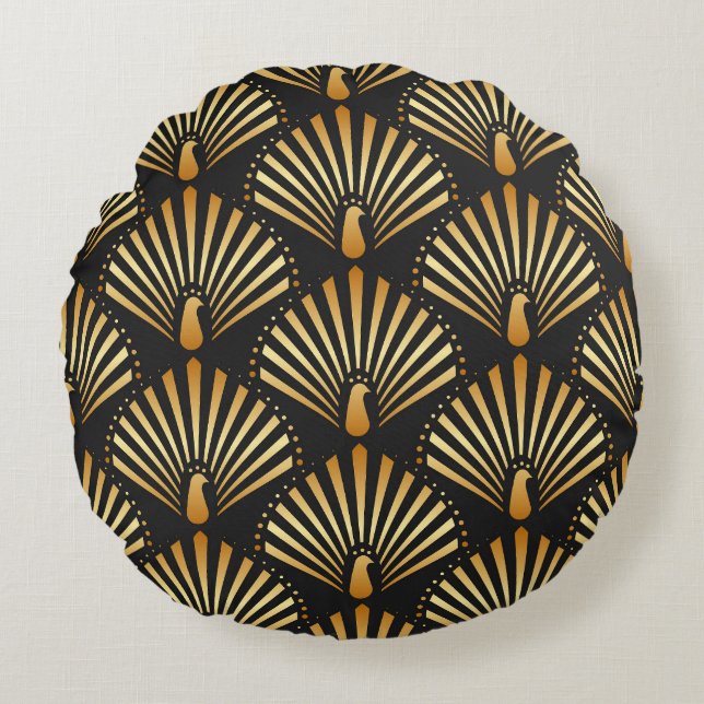 Art deco golden peacock pattern round pillow (Front)