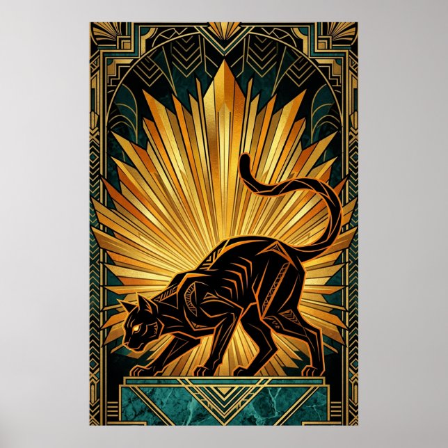 Art Deco Golden Radiance Black Cat Wall Art (Front)