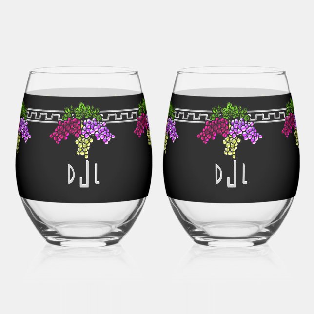 Art Deco Grapes - Black,Silver,Violet Monogrammed Stemless Wine Glass (Front)