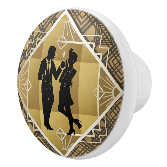 Art Deco Great Gatsby Black Gold Flapper Couple Ceramic Knob (Right)