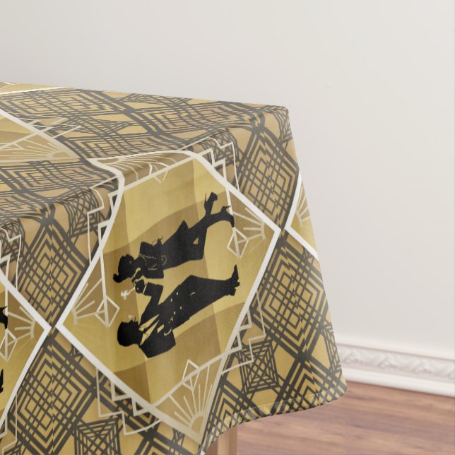 Art Deco Great Gatsby Black Gold Flapper Couple Tablecloth (In Situ)