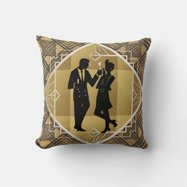 Art Deco Great Gatsby Black Gold Flapper Couple Throw Pillow (Front)