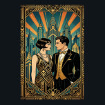 Art Deco Great Gatsby Couple City Skyline Poster<br><div class="desc">Transport yourself to the roaring twenties with this elegant Art Deco portrait of a sophisticated couple. Featuring a flapper girl in a geometric beaded dress and a man in a sharp tuxedo, they are framed against a stunning stylized city skyline bathed in golden hour light. With a rich teal and...</div>