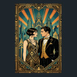 Art Deco Great Gatsby Couple City Skyline Poster<br><div class="desc">Transport yourself to the roaring twenties with this elegant Art Deco portrait of a sophisticated couple. Featuring a flapper girl in a geometric beaded dress and a man in a sharp tuxedo, they are framed against a stunning stylized city skyline bathed in golden hour light. With a rich teal and...</div>