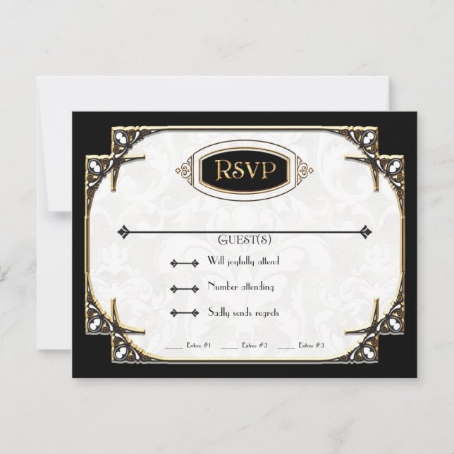 Art Deco Great Gatsby Style Typography n Lace Gold RSVP Card (Front)
