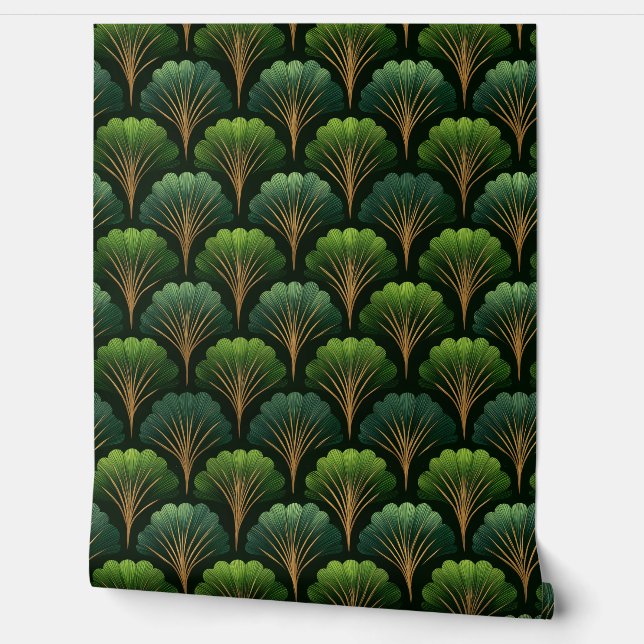 Art Deco Green and Gold Palm Leaves Wallpaper (Unrolling)