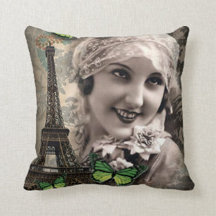 art deco green butterfly vintage gatsby girl throw pillow