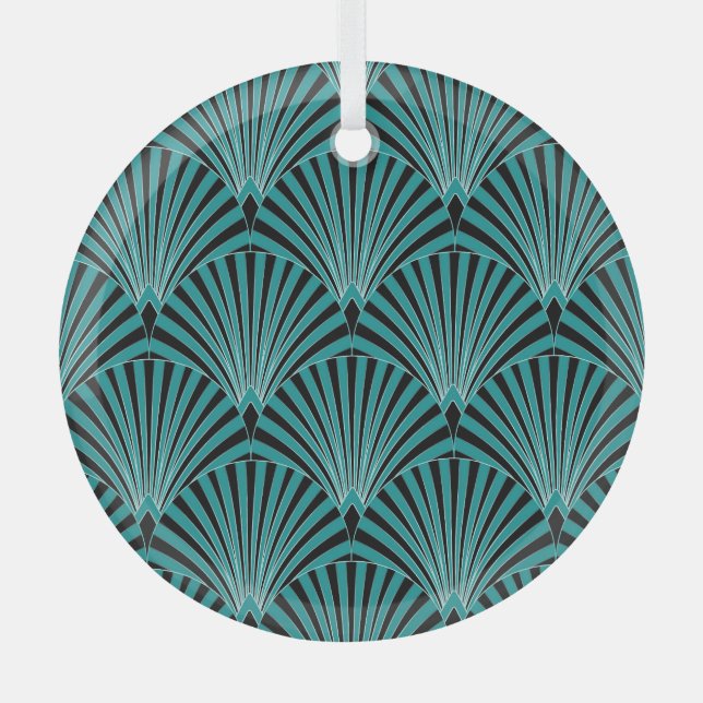 Art Deco: green fan pattern. Glass Ornament (Front)