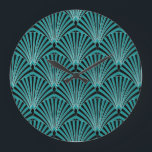 Art Deco: green fan pattern. Large Clock<br><div class="desc">Art Deco Style Decorative Pattern With Green Fan Shaped Motifs. Vintage Art Deco Repeat Patten Design Witch Arched Black And Green Stripes Art Deco glamour in green fan motifs. Black & green stripes frame vintage elegance. Art Deco elegance with green fan motifs. Classic charm in a modern context. seamless, vintage,...</div>