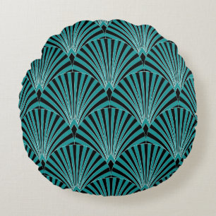 Art Deco: green fan pattern. Round Pillow