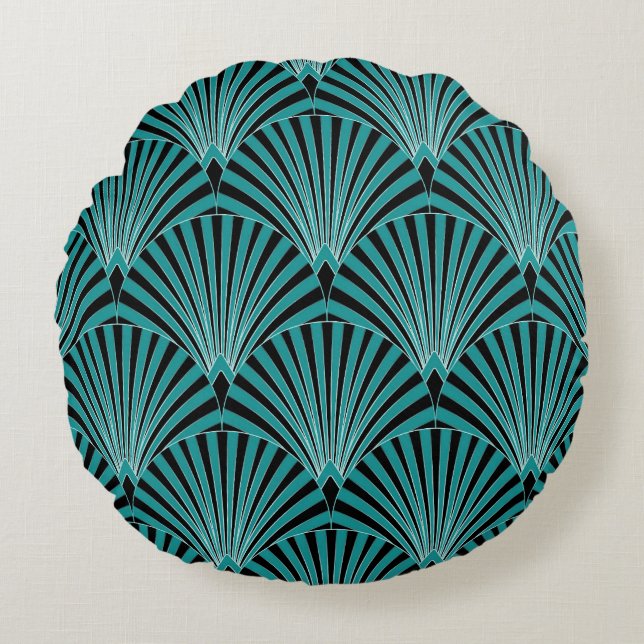 Art Deco: green fan pattern. Round Pillow (Front)