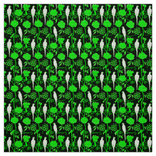 ART DECO GREEN FLOWERS AND WHITE PARROTS ON BLACK FABRIC