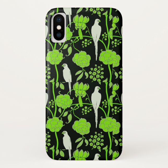 ART DECO GREEN FLOWERS,WHITE PARROTS ON BLACK Case-Mate iPhone CASE (Back)