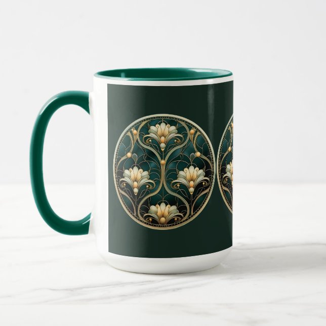 Art Deco Green Gold White Vintage Look Mug (Left)