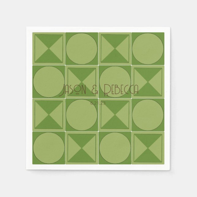 Art Deco Green Retro Geometric Monogrammed Wedding Napkin (Front)