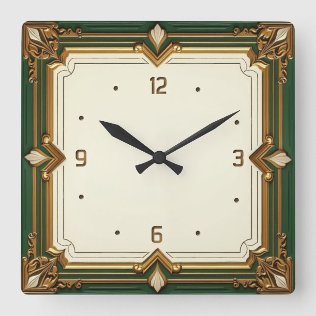 Art Deco Green Square Wall Clock (Front)
