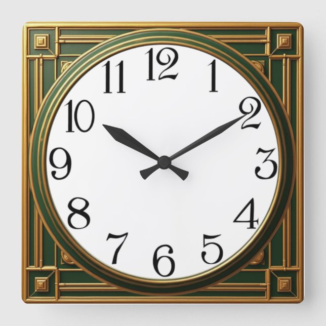 Art Deco Green Square Wall Clock (Front)