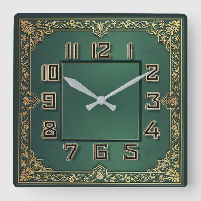Art Deco Green Square Wall Clock (Front)
