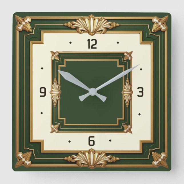 Art Deco Green Square Wall Clock (Front)