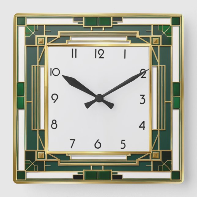 Art Deco Green Square Wall Clock (Front)