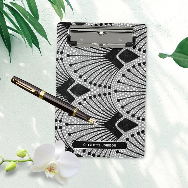 Art Deco Grey Black White Retro Peacock Pattern Mini Clipboard (Gray Art Deco Black White Peacock Pattern Mini Clipboard ©Susanne Sachers - Sunny Mind 🌞)