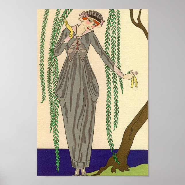 Art Deco Grey Taffeta Gown Illustration Poster (Front)
