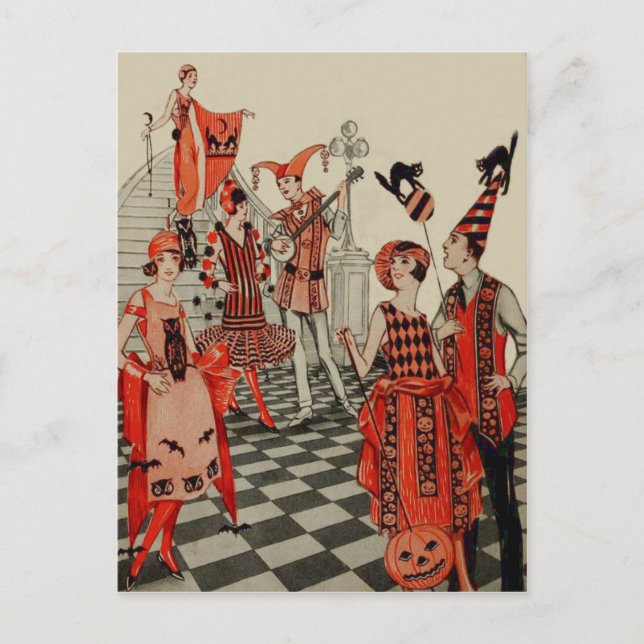 Art Deco Halloween Party Black Cat Owl Bat Postcard (Front)