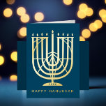 Art Deco Hanukkiah Menorah Happy Hanukkah Foil Holiday Card<br><div class="desc">Wish friends and family "Happy Hanukkah" with this art deco inspired hanukkiah,  with editable colours of both the menorah and the background. Photo optional inside.</div>