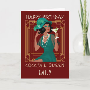 Art Deco Happy Birthday Cocktail Queen Burgundy Card