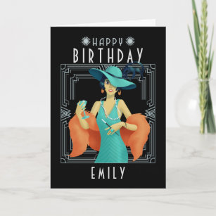 Art Deco Happy Birthday Name Twenties Female Black Card