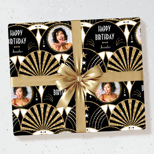 Art Deco Happy Birthday Photo Elegant Black Gold Wrapping Paper