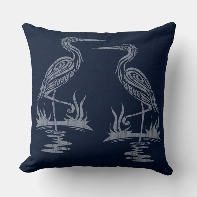Art Deco Herons - Grey on Navy Blue Throw Pillow (Front)