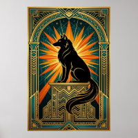 Art Deco Howling Wolf Golden Sunburst