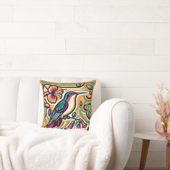 Art Deco Hummingbird  Throw Pillow (Couch)