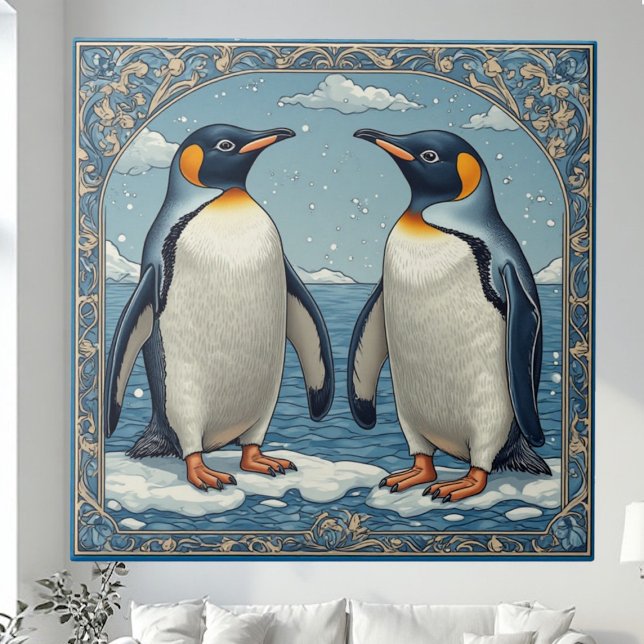 Art Deco Ice Birds Penguin Couple Snow Blue Ocean  Tile (Art Deco Ice Birds Penguin Couple Snow Blue Ocean Ceramic Tile)