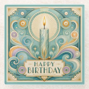 Art Deco Illuminated Candle Birthday Glass Coaster