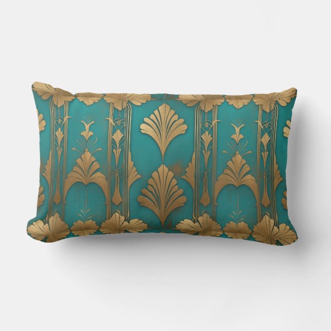 Art Deco In Blue And Gold Lumbar Pillow (Front)