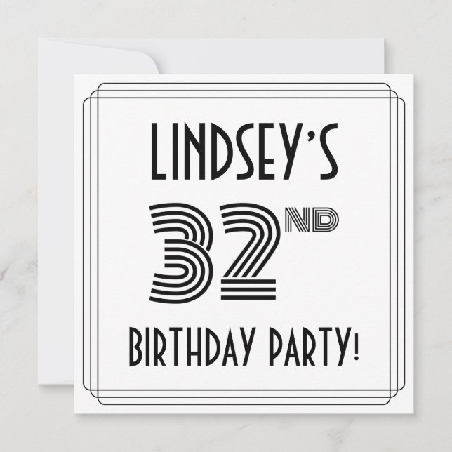 Art Deco Inspired 32nd Birthday Party, Custom Name Invitation (Front)