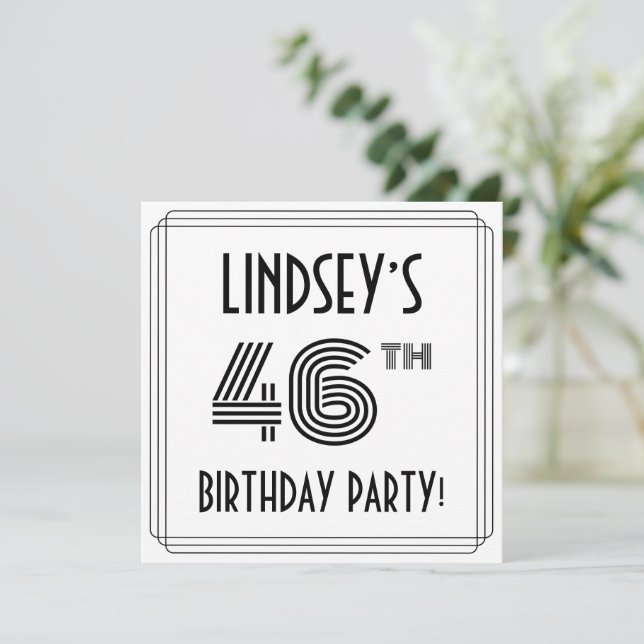 Art Deco Inspired 46th Birthday Party, Custom Name Invitation (Standing Front)